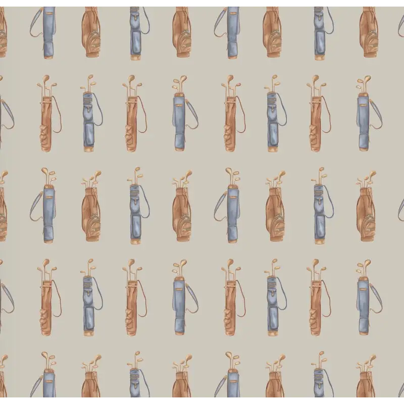 Woods Wallpaper - Vintage Golf Bags - by Hailey Kiefer - Sample 1 foot by 1 foot / Brown and Blue on Gray - Loomwell