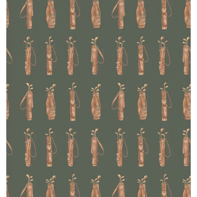 Woods Wallpaper - Vintage Golf Bags - by Hailey Kiefer - Sample 1 foot by 1 foot / Brown on Dark Green - Loomwell Home