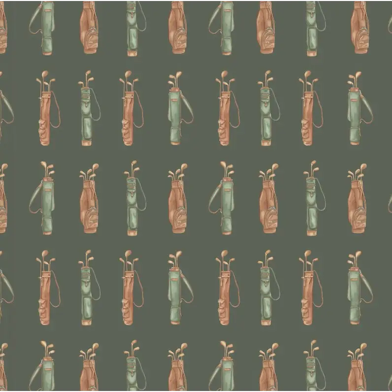 Woods Wallpaper - Vintage Golf Bags - by Hailey Kiefer - Sample 1 foot by 1 foot / Brown and Green on Dark Green