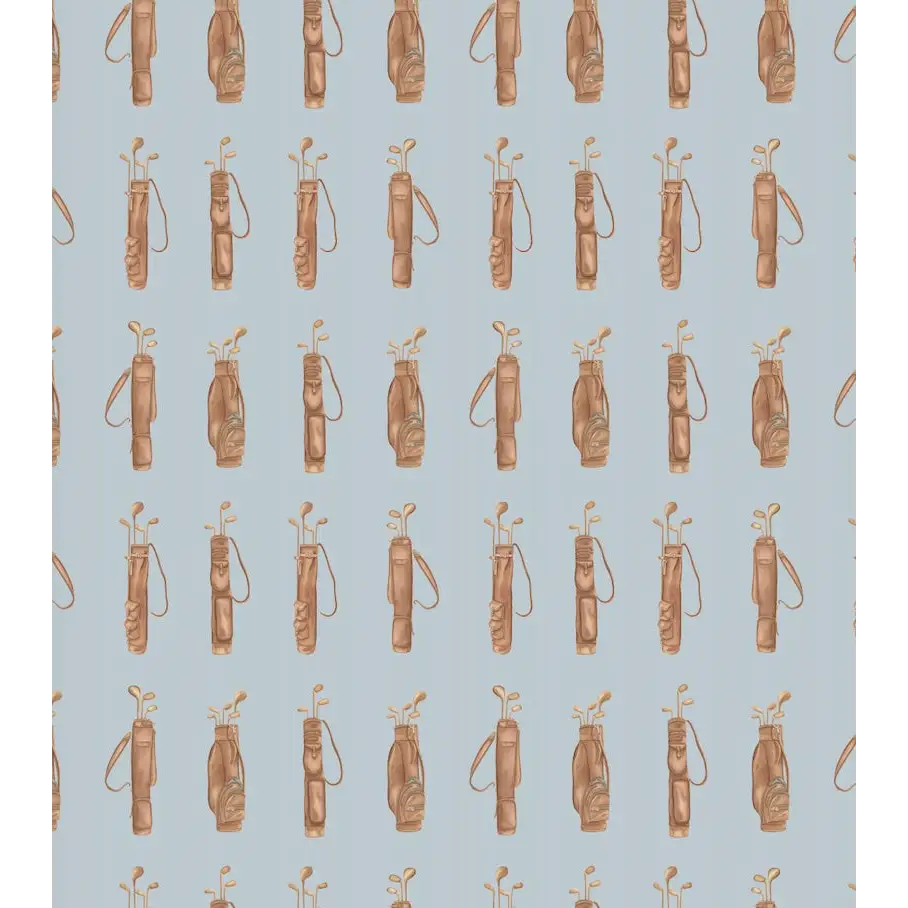 Woods Wallpaper - Vintage Golf Bags - by Hailey Kiefer - Sample 1 foot by 1 foot / Brown on Light Blue - Loomwell Home
