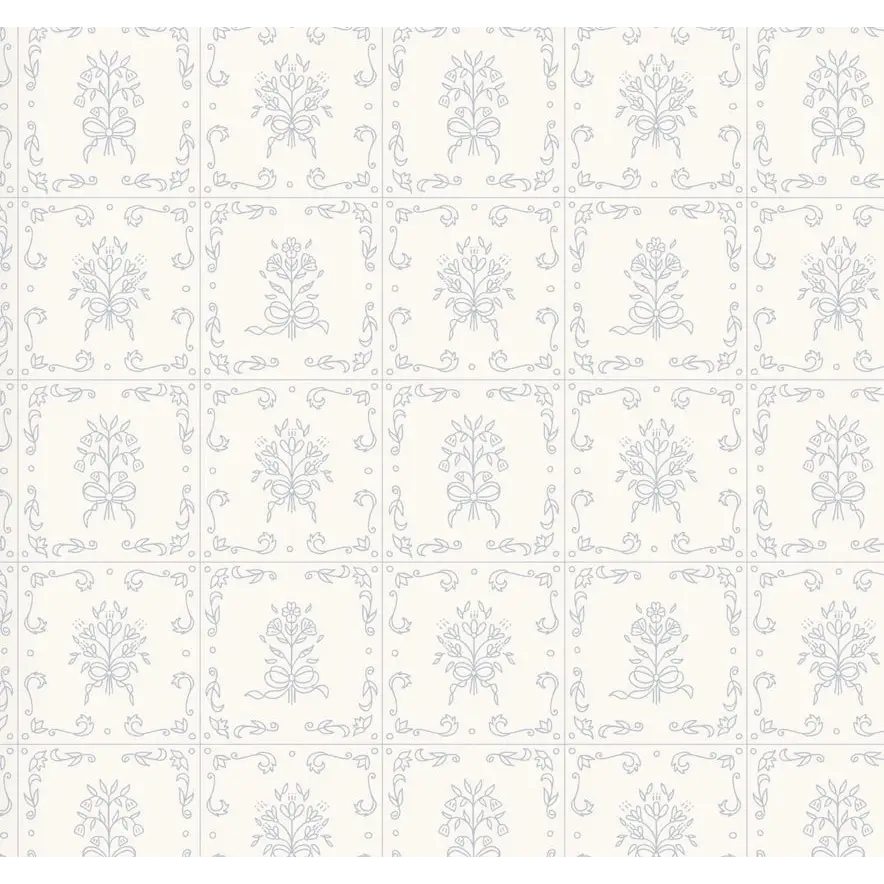 Wrenna Wallpaper - Simple Bouquet Tiles - by Quirky Paisley Designs - 2 feet by 9 feet / Cream and Light Blue / Large