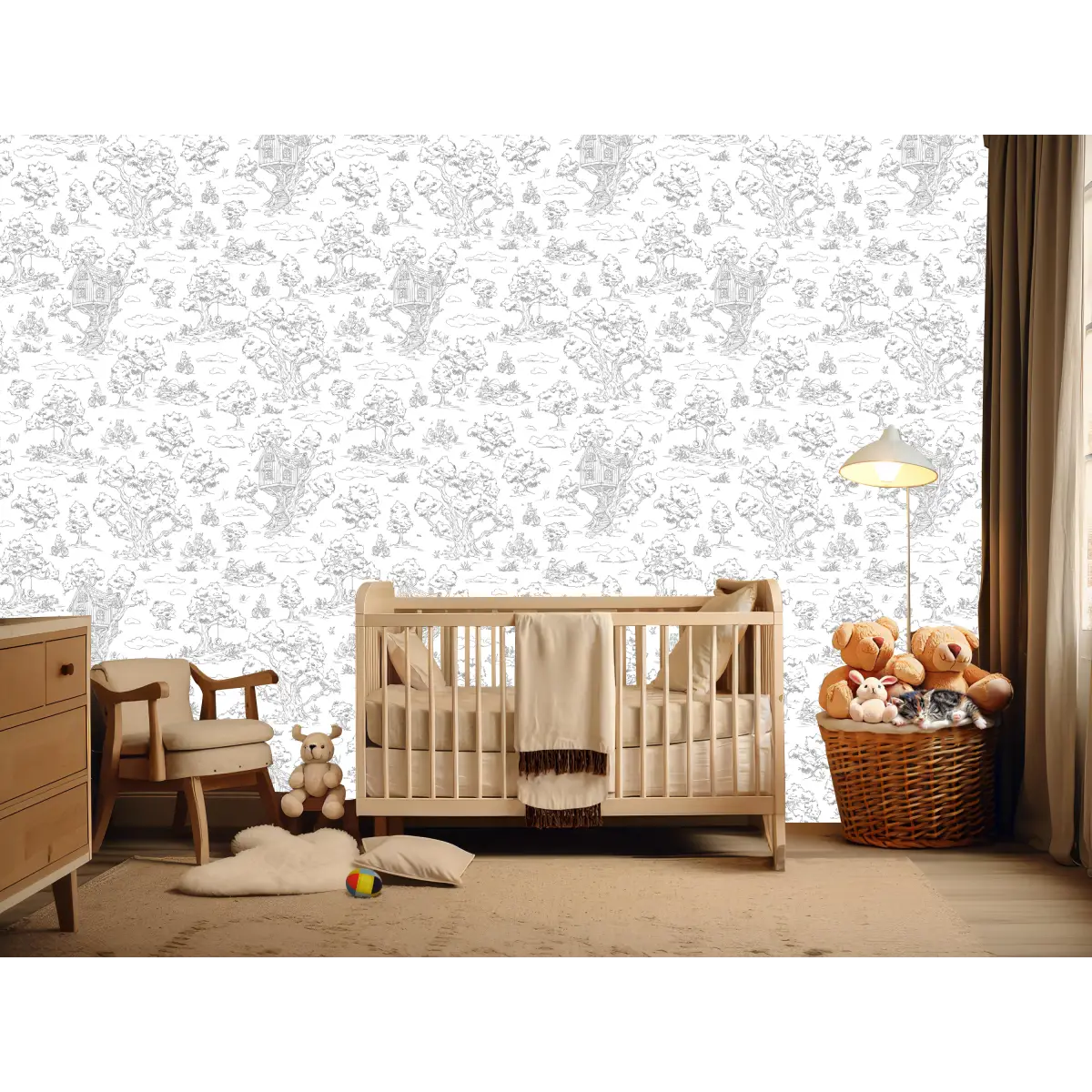 Wyatt Wallpaper - Bears and Treehouse - Line Drawings by Aubrey Fairchild - Loomwell Home Goods