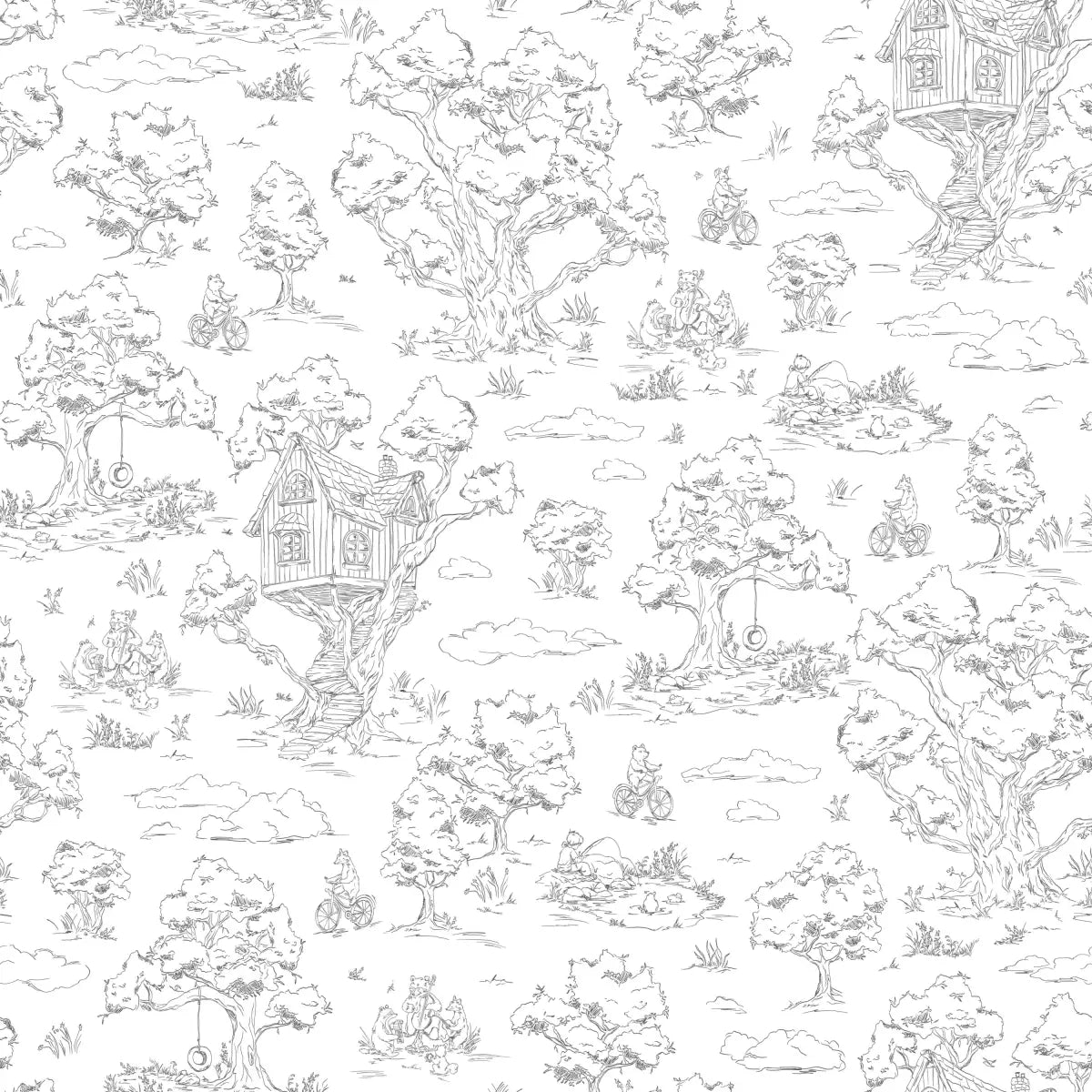 Wyatt Wallpaper - Bears and Treehouse - Line Drawings by Aubrey Fairchild - Sample 1 foot by 1 foot / Charcoal