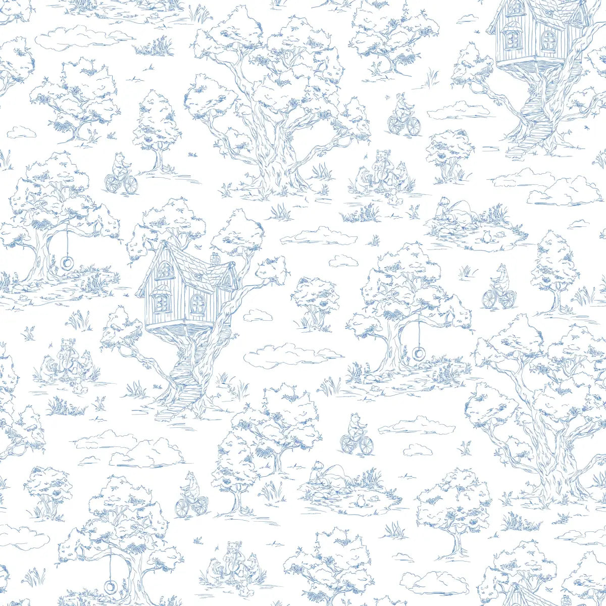 Wyatt Wallpaper - Bears and Treehouse - Line Drawings by Aubrey Fairchild - Sample 1 foot by 1 foot / Cobalt Blue
