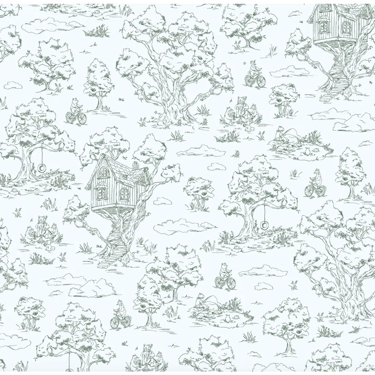 Wyatt Wallpaper - Bears and Treehouse - Line Drawings by Aubrey Fairchild - Sample 1 foot by 1 foot / Green - Loomwell