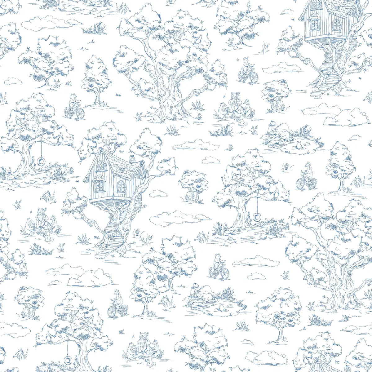 Wyatt Wallpaper - Bears and Treehouse - Line Drawings by Aubrey Fairchild - Sample 1 foot by 1 foot / Navy - Loomwell