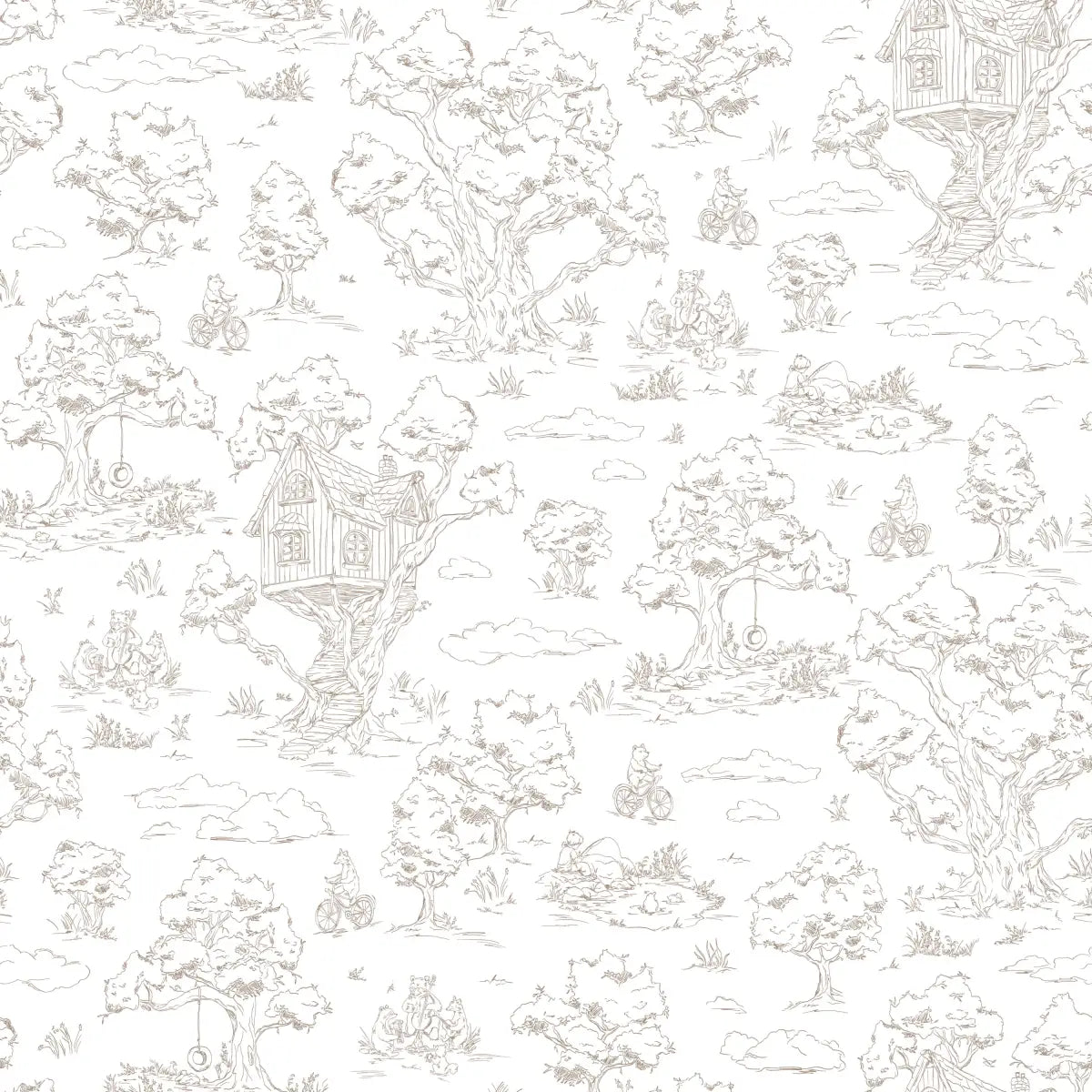 Wyatt Wallpaper - Bears and Treehouse - Line Drawings by Aubrey Fairchild - Sample 1 foot by 1 foot / Neutral