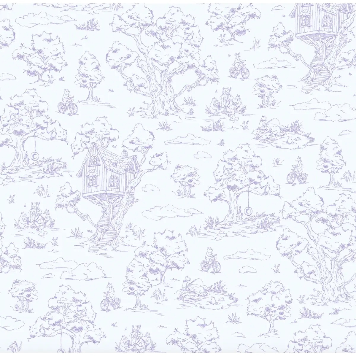 Wyatt Wallpaper - Bears and Treehouse - Line Drawings by Aubrey Fairchild - Sample 1 foot by 1 foot / Purple - Loomwell