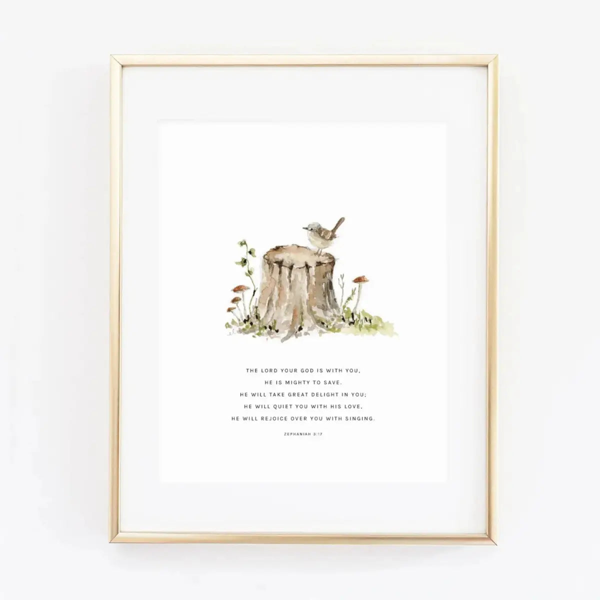 Watercolor Print - Tree Stump with Scripture - Zephaniah 3:17 - emily lex studio