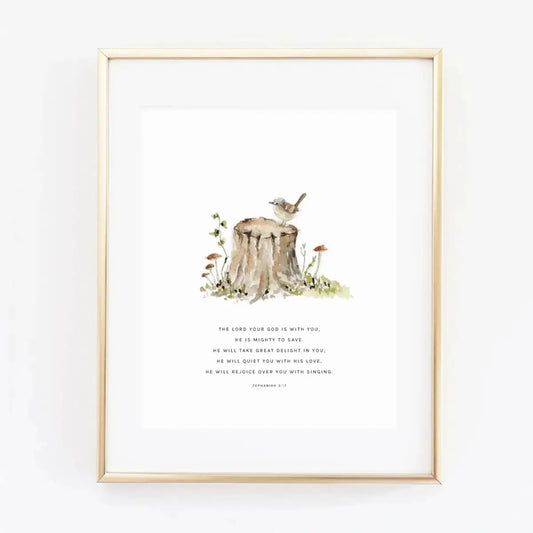 Watercolor Print - Tree Stump with Scripture - Zephaniah 3:17 - emily lex studio