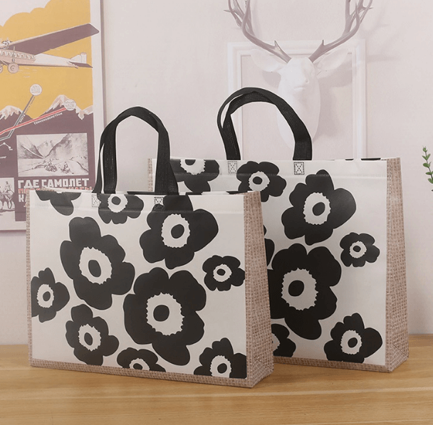 Black and white floral tote bags