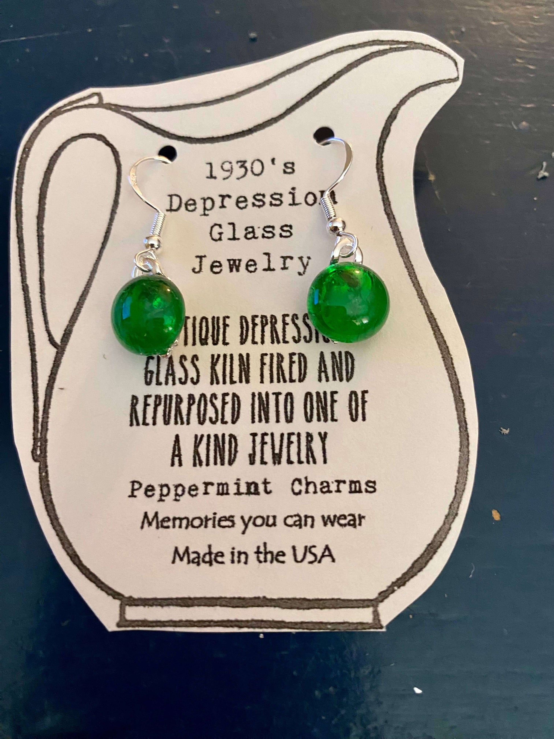 Green Depression Glass Silver Earrings