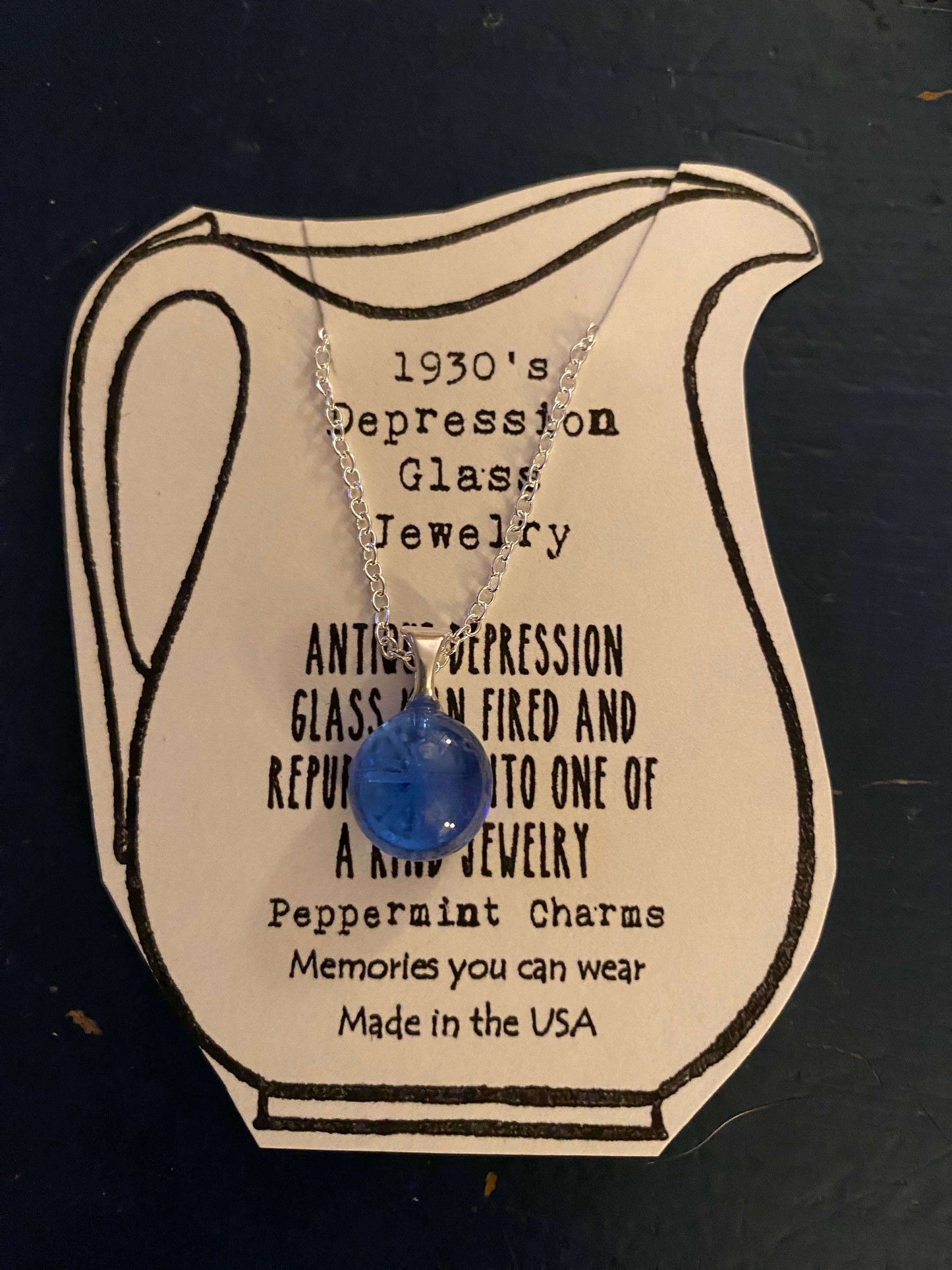 Blue Depression Glass Silver Necklace