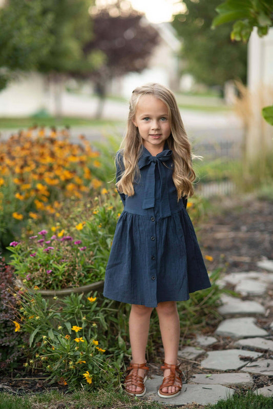 Girls Classic Navy Blue Bow Dress - 12 - Wren & James